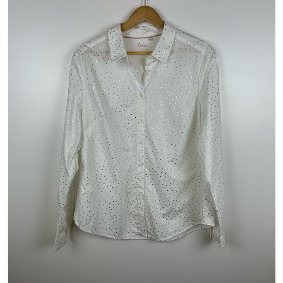 Boden Womens the Classic Shirt Button Up in White and‎ Silver Polka Dot Sz 16 - Picture 1 of 10